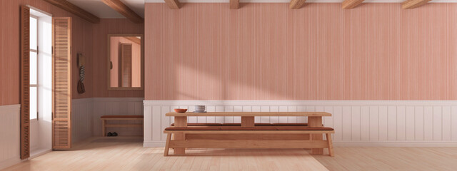 Japandi dining room with wooden minimalist table in white and orange tones. Panoramic view, wall mockup with wallpaper. Minimalist interior design