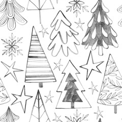 Obraz premium Seamless background textured watercolor pattern with forest trees, firs and stars. Christmas mood pattern with transparent background.