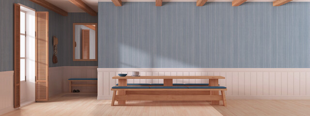 Japandi dining room with wooden minimalist table in white and blue tones. Panoramic view, wall mockup with wallpaper. Minimalist interior design