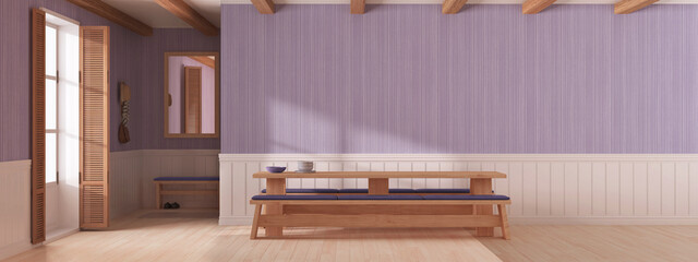 Japandi dining room with wooden minimalist table in white and purple tones. Panoramic view, wall mockup with wallpaper. Minimalist interior design