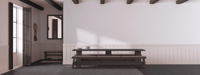 Japandi dining room with wooden minimalist table in white and dark tones. Panoramic view, wall mockup with wallpaper. Minimalist interior design
