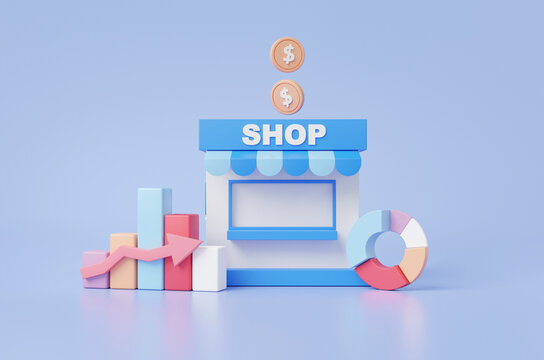 Growth e-commerce investment franchise shopping concept. store shop with exchange financial support real estate business marketing buy sell consumer. minimal cartoon style. 3d render illustration