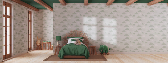 Obraz premium Farmhouse children bedroom in white and green tones. Single bed, panoramic view, wall mockup with wallpaper. Japandi interior design
