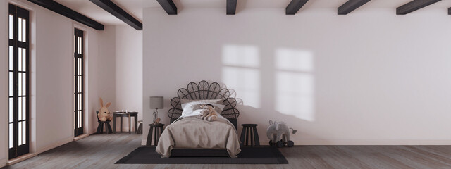 Farmhouse children bedroom in white and dark tones. Single bed, panoramic view, wall mockup. Japandi interior design