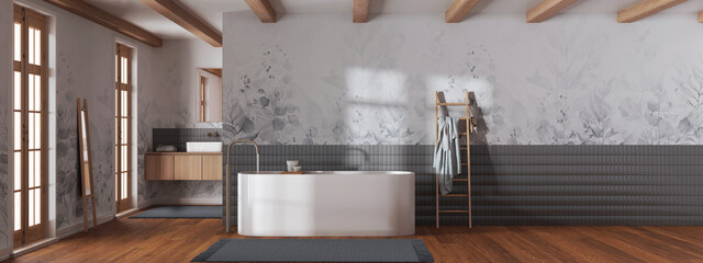 Japandi minimalist bathroom in white and gray tones. Bathtub and wooden washbasin. Panoramic view, wall mockup with wallpaper. Farmhouse interior design