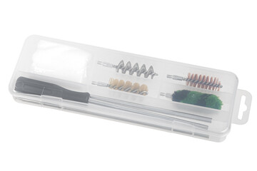 A set for cleaning weapons in a plastic case isolate on a white back. Weapon care tools.