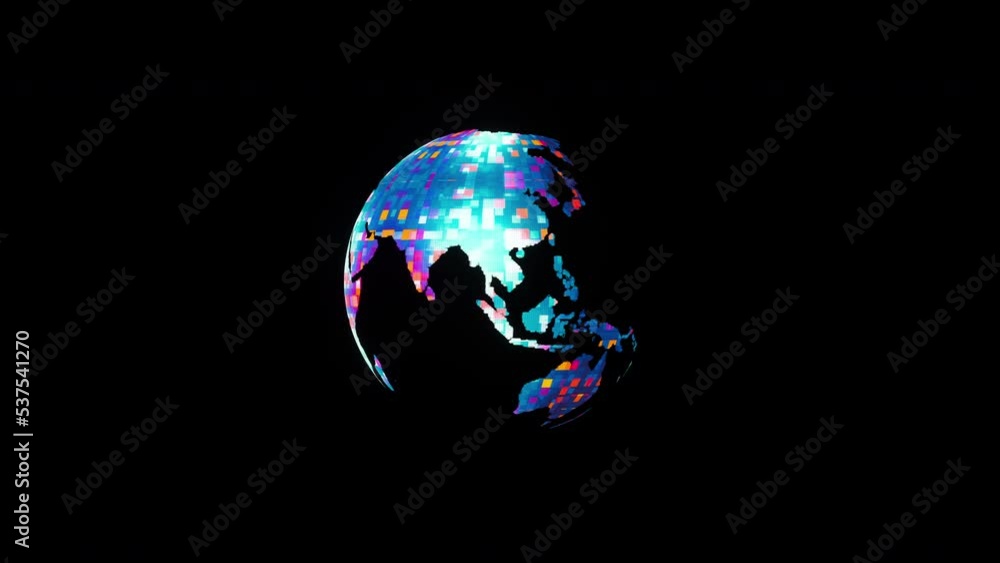 Poster loop abstract space view of colorful digital earth rotation on black background. 4k 3d rendering on 