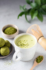 Green tea Matcha with soy milk in a cup. Matcha latte tea