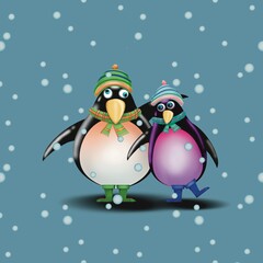 A pair of penguins in brightly colored hats and scarves stand together in the snowy winter for an advertising campaign. public relations. wall paper clothing, wrapping, fabric,textile