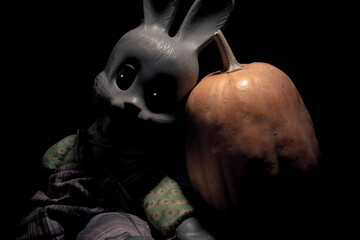 The face of a scary white toy rabbit with red eyes next to a large orange pumpkin. Creepy bunny and big yellow pumpkin - Powered by Adobe