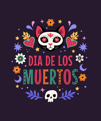 Day Of The Dead greeting card. Vector illustration in flat cartoon style of Mexican traditional festive symbols: skulls, hearts, flowers, and decorative text. Isolated on a dark background