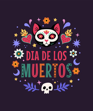 Day Of The Dead greeting card. Vector illustration in flat cartoon style of Mexican traditional festive symbols: skulls, hearts, flowers, and decorative text. Isolated on a dark background
