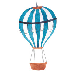 Vintage watercolor circus big ballon with white and blue stripes and big basket