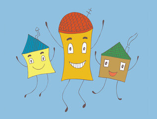 Digital hand drawn funny children's 
illustration. Cartoon characters houses
 on a blue background.  Jpg  template print 