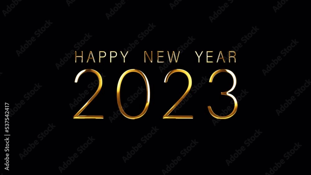 Poster 2023 happy new year golden text with light motion animation element effect on black background. 4k s