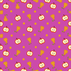 Halloween seamless pattern background design with apples, pear and other cozy autumn or festive elements on pink background.