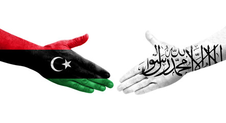 Handshake between Afghanistan and Libya flags painted on hands, isolated transparent image.