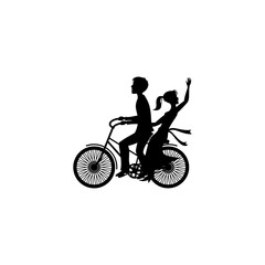 Obraz na płótnie Canvas cute romantic couple on a date riding a bicycle. Young men and women fall in love. Happy married couple cycling together. Vector illustration