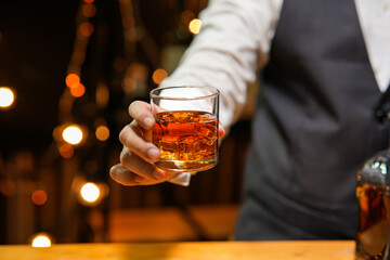 Bartender Serve Whiskey, on wood bar, 