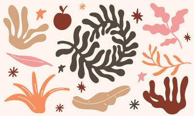 Minimalist abstract collection. Set of doodles in pastel colors for trendy design, summer season or natural concept. Modern hand drawn plant leaf.