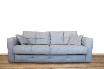 Sofa or couch furniture on wooden floor in PNG isolated on transparent background