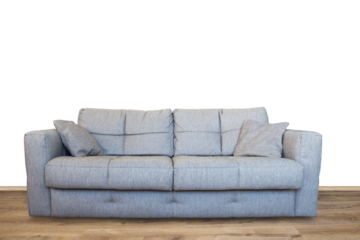 Sofa or couch furniture on wooden floor in PNG isolated on transparent background
