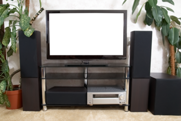 Home theatre with tv and hi-fi acoustic in PNG isolated on transparent background