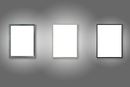 Three white wooden frames on wall in PNG isolated on transparent background
