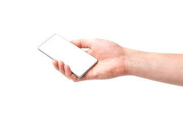 Phone in hand holding smartphone in PNG isolated on transparent background