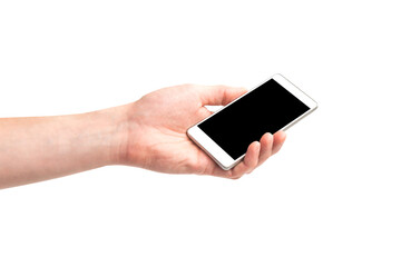 Phone in hand holding smartphone with black screen in PNG isolated on transparent background