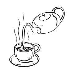 line drawing of a teapot with a cup. Tea drinking. Tea ceremony. Drink tea.
