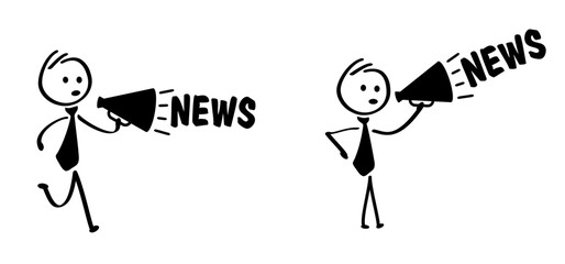 Cartoon stickman, stick figure man speaking in to the megaphone and saying hot news or breaking news. Loudspeaker symbol. Walk or walking for protest or social media, journalism idea. Live news