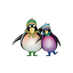 A pair of penguins in brightly colored hats and scarves stand together in the snowy winter for an advertising campaign. public relations.wallpaper. clothing, wrapping, fabric,textile