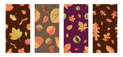 Fototapeta na wymiar Set of seamless vector autumnal patterns. Frat autumn leaves, berries, chestnuts, maple seeds. Ornament collection.