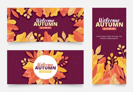 Colourful flat vector illustration: Autumn leaves background and text. Set of autumnal templates for poster, banner, advertising. Image collection with hand drown lettering.