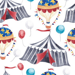 Fantasy vintage circus watercolor patterns with circus tents and balloons