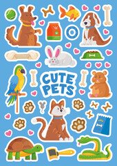 Set of stickers with different animals, bowls and paws. Vector illustration of animal stickers on blue background. Cute animals. 