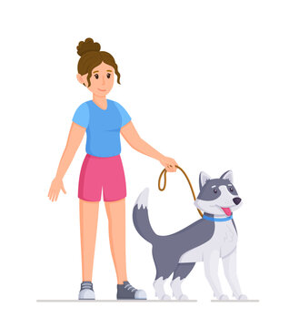 A young girl is holding a dog by the leash. Vector illustration of girl and dog. Walking a pet.  