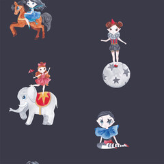Fantasy vintage circus watercolor patterns with artists and animals 