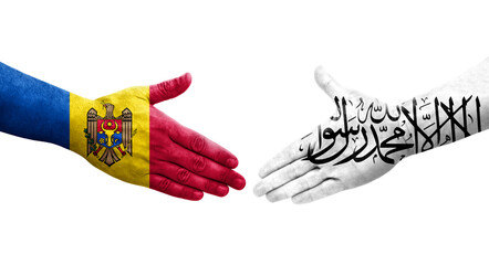 Handshake between Afghanistan and Moldova flags painted on hands, isolated transparent image.