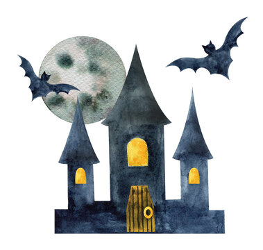 Watercolor haloween illustration. Watercolor night castle, moon and flitter mouse. 