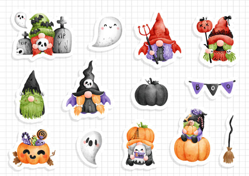halloween gnomes sticker, halloween sticker sheet. Vector illustration