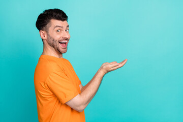 Fototapeta premium Side profile photo of young excited funny bearded man hold hands object empty space advertisement toothy isolated on aquamarine color background