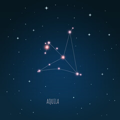 Constellation Aquila on the background of starry sky. Constellation scheme collection Vector illustration	