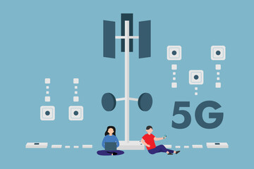 Mobile phone users with 5G antenna to cellular network tower vector illustration concept for banner, website, illustration, landing page, flyer, etc.