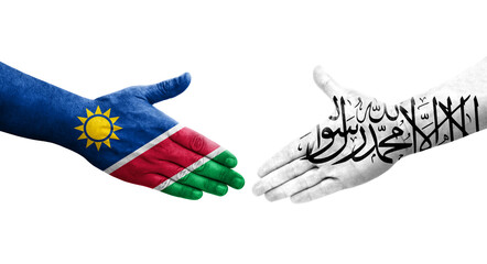 Handshake between Afghanistan and Namibia flags painted on hands, isolated transparent image.