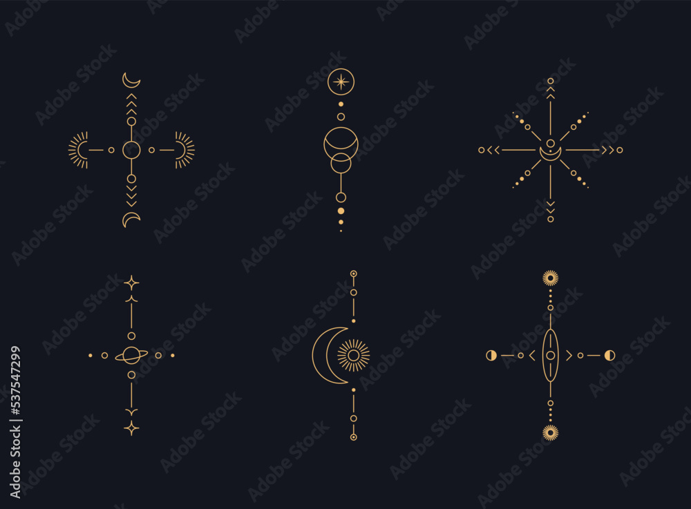 Aufkleber set of moon and sun line art. minimal boho linear symbols. celestial mystic element. vector line art