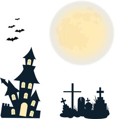 Haunted house, graveyard, moon and bats