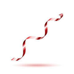 Decorative red curling ribbon element. Christmas, New year, Birthday, Valentine's, Wedding, Holiday or Event decoration.  Isolated on white background with shadow. Realistic vector illustration.