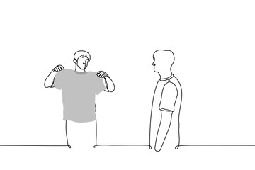 standing man shows a t-shirt to another man - one line drawing vector. concept t shirt seller convinces customer to buy t shirt